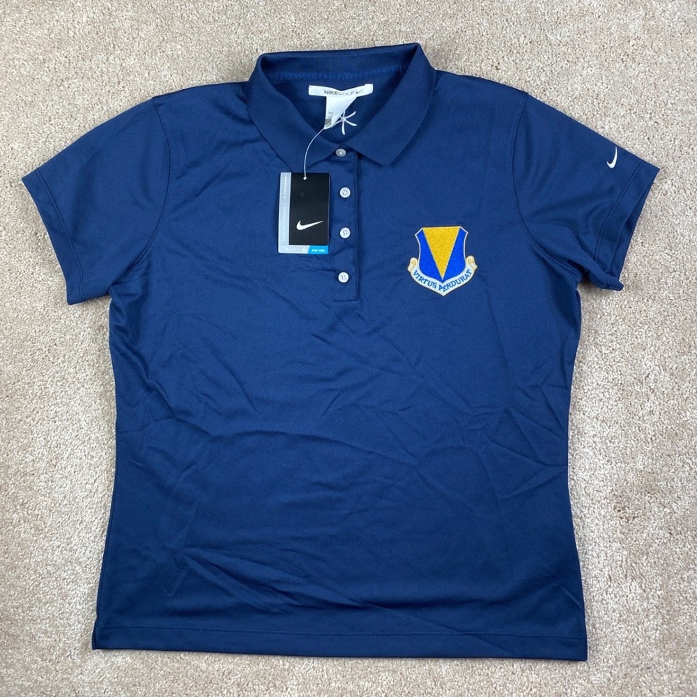 Nike Golf Womens Dri-FIT Polo Shirt Navy Blue Virtus Perdurat Crest L 203897-410